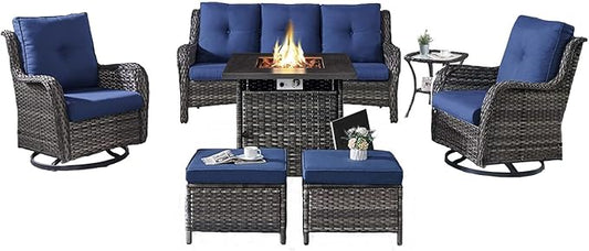 Outdoor Patio Furniture Set with Propane Fire Pit Table, 7 Pieces Wicker Patio Conversation Set with 2 Swivel Glider Rocker Chairs Rattan Sofa Blue Cushion Perfect for Casual Gathering Gray-VerdiqueGarden