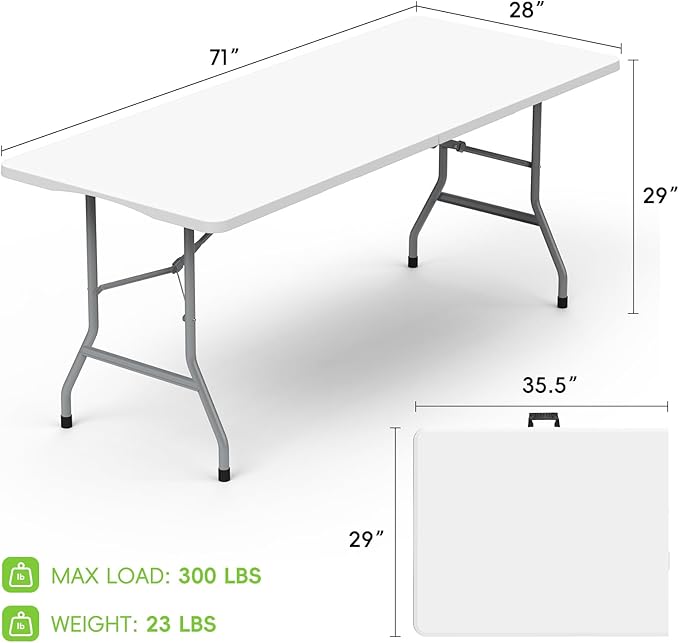 HLPB Folding Table Picnic Table 2 Pcs, 6 ft Portable Camping Table with Handle and Safety Locks, Foldable Table Plastic Dining Table Indoor Outdoor for Camping, Picnic and Party-VerdiqueGarden