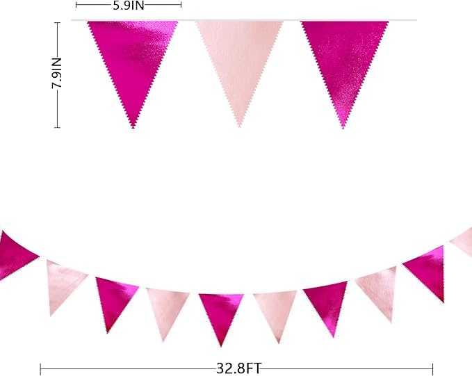 Hot Pink Party Decorations Metallic Fabric Gradient Pink Triangle Pennant Banner Flag Bunting Garland for Women Girl Birthday Retirement Bridal Shower Wedding Baby Shower Bachelorette Party Supplies-VerdiqueGarden