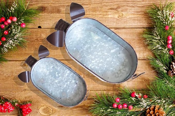 Galvanized Metal White Washed Farmhouse Pig Tray Distressed Pig Tabletop Centerpiece Décor Set of 2-VerdiqueGarden