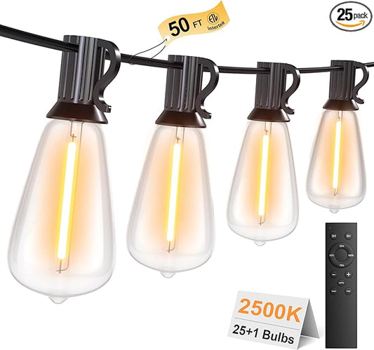 50FT Outdoor String Lights with Remote, Garden Patio Decor with 2500K Warm White, 25+1 LED Edison Bulbs, Support Timer Dimmable Waterproof Shatterproof for Yard Outside Porch Deck Indoor-VerdiqueGarden