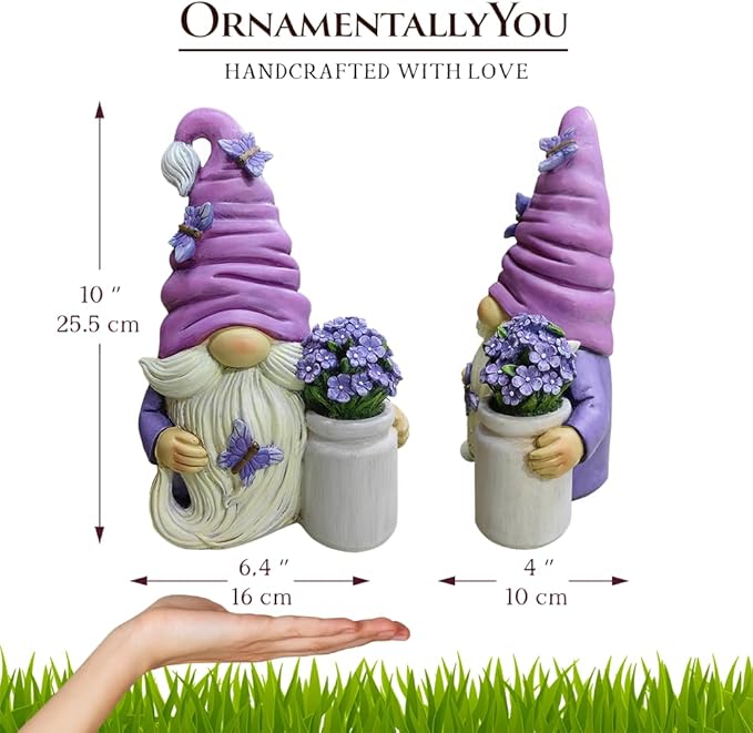 Garden Grace Lavender Gnome Figurine, 10" Purple Home Decor Statue with Butterflies and Flowers-VerdiqueGarden