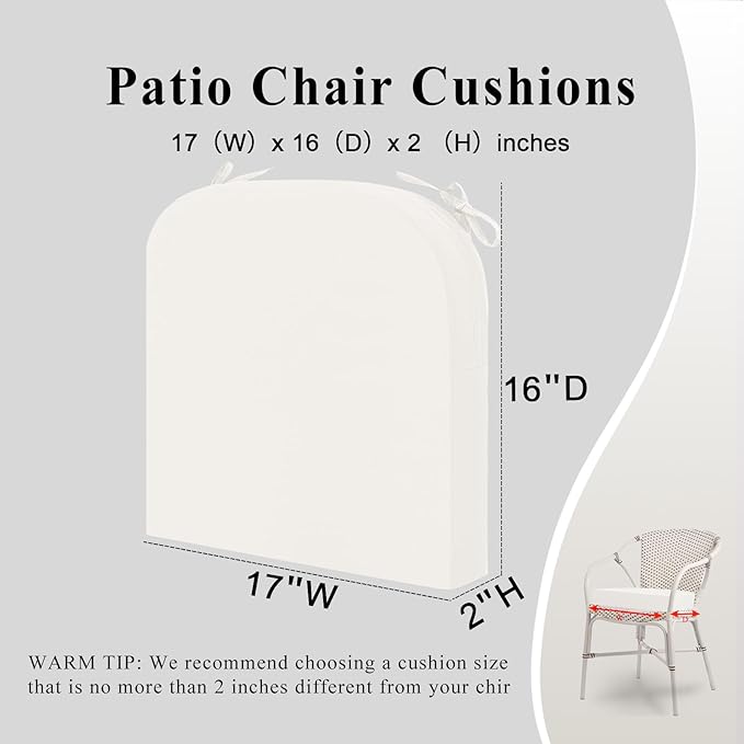 Outdoor Chair Cushions Set of 2, Waterproof Foam Patio Seat Cushions with Ties for Garden Sofa & Dining Furniture, 3-Year Color Fastness, 16x17x2 Inch, Beige-VerdiqueGarden