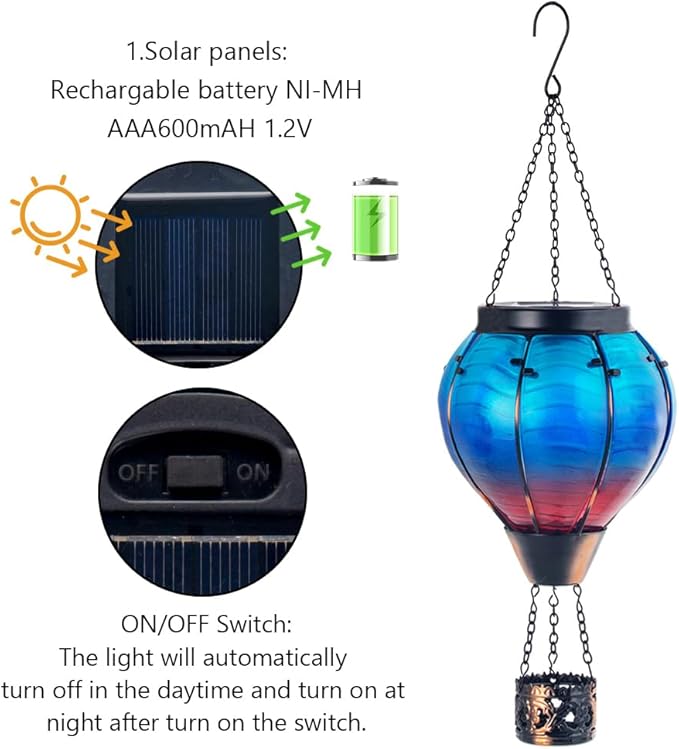 Starsoul Blue Hot Air Balloon Solar Lantern Glass Solar Hot Air Balloon Flickering Flame Hanging Garden Light Waterproof Solar Lamp Hot Air Balloon Garden Yard Farmhouse Decor-VerdiqueGarden