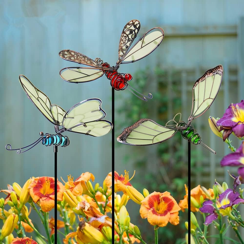 Juegoal 20 Inch Butterfly Garden Stakes Decor, Dragonfly Stakes, Hummingbird Glow in Dark Metal Yard Art for Mom, Mothers Day Ideal Gifts, Indoor Outdoor Lawn Pathway Patio Ornaments, Set of 3-VerdiqueGarden