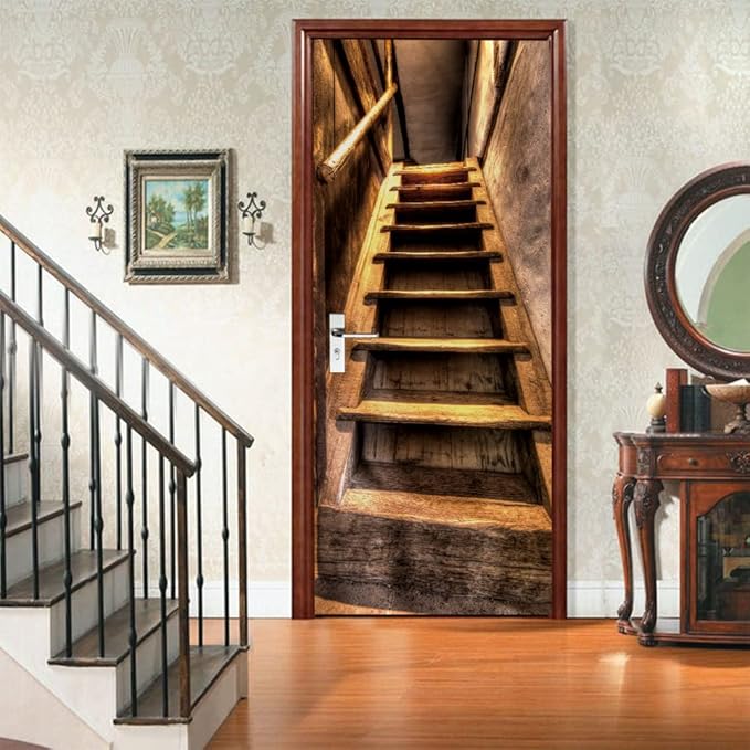 3D Door Stickers Murals Peel and Stick - Wooden Stairs - Door Wallpaper Self-Adhesive Door Decals Removable PVC Waterproof Door Poster for Bedroom Living Room Door 37.4" x 84.6"-VerdiqueGarden