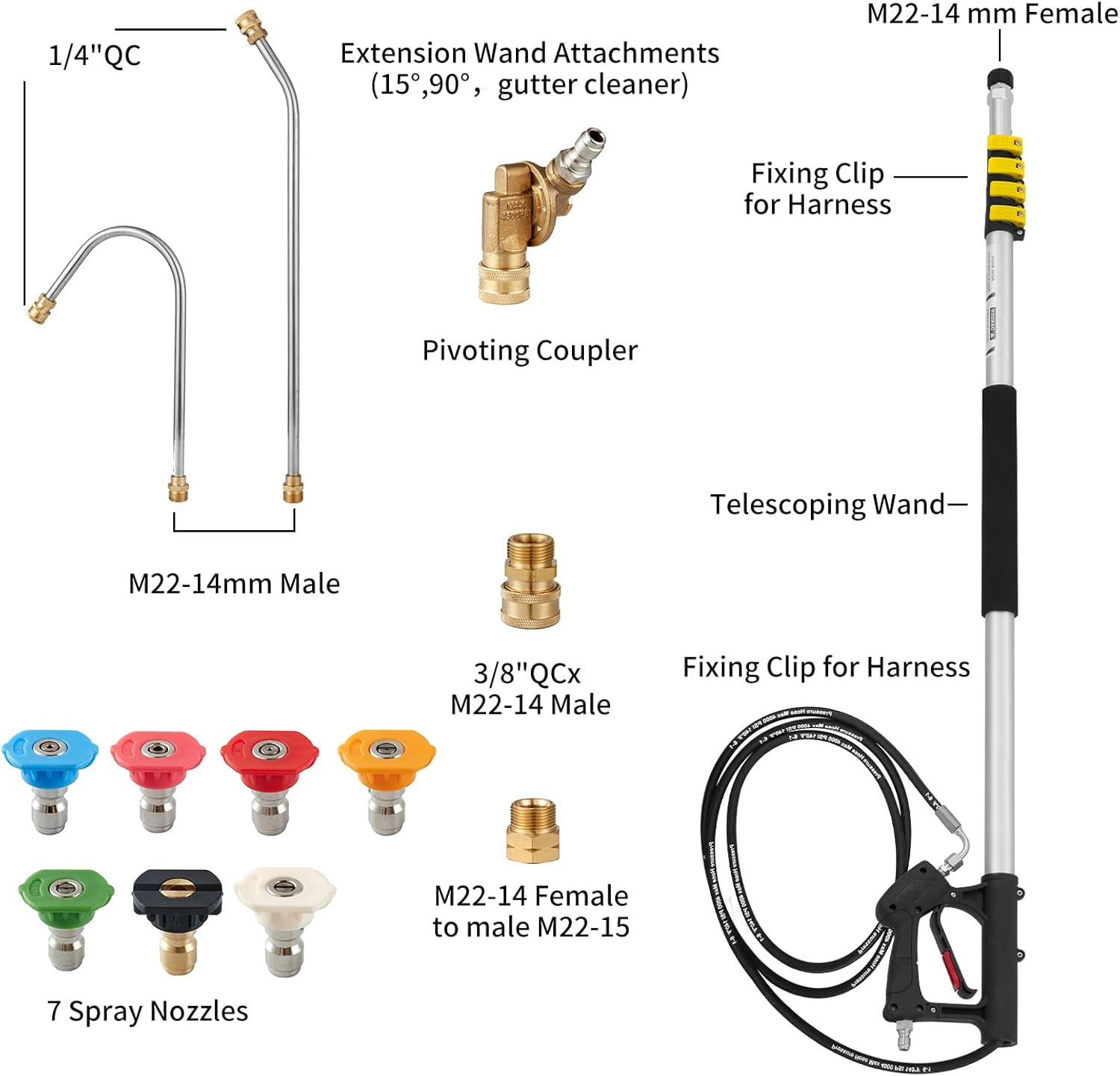 22 FT Telescoping Pressure Washer Wand with Power Washer Extension Wand, Gutter Cleaner Attachment, 5 Spray Nozzle Tips and 2 Hose Inlet Adapters-VerdiqueGarden