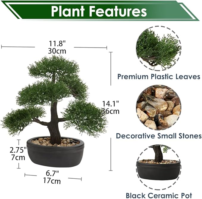 Artificial Bonsai Tree Juniper Faux Plants Indoor Small Fake Plants Decor with Black Plastic Pots for Home Table Office Desk Bathroom Shelf Bedroom Living Room Farmhouse Decorations-VerdiqueGarden