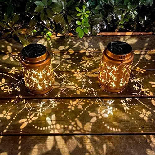 Dragonfly Solar Lanterns Outdoor Hanging, Hollowed-Out Metal Waterproof LED Garden Decor Light for Patio Yard Pathway Lawn Front Porch Tree, Christmas Thanksgiving Birthday Gifts for Women Mom Grandma-VerdiqueGarden