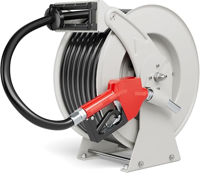 Retractable Fuel Hose Reel, 3/4 in × 66 ft Rubber Hose Heavy Duty Steel Professional Spring Driven Diesel Hose Reel with Fueling Nozzle Max 300PSI Auto Rewind Quick for Ship Vehicle Tank Truck-VerdiqueGarden