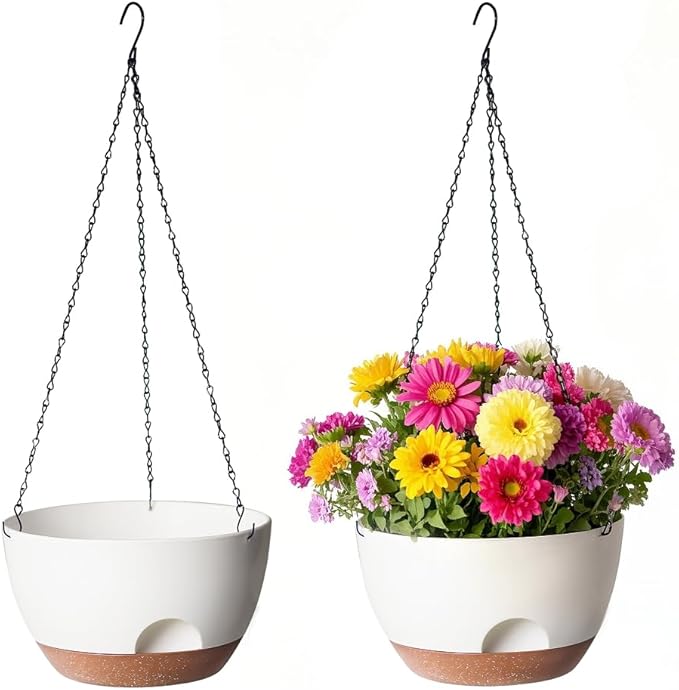 12 Inch Hanging Baskets for Plants Outdoor, Hanging Planters for Indoor Outdoor Plants, Hanging Planter with Self Watering, Hanging Flower Pots (White)-VerdiqueGarden