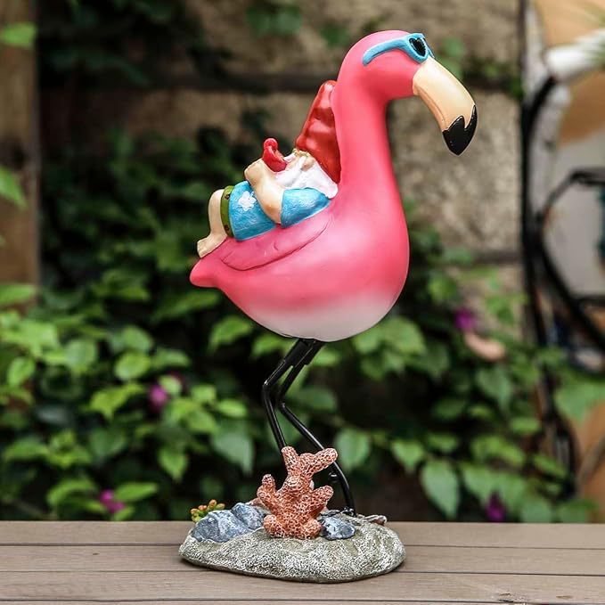 Gnome Garden Statue Funny Gnome Reclining on Flamingo Dwarf Figurines Resin Garden Gnomes Fall Decorations Outdoor for Patio Yard Lawn Porch Housewarming Ornament Gift-VerdiqueGarden