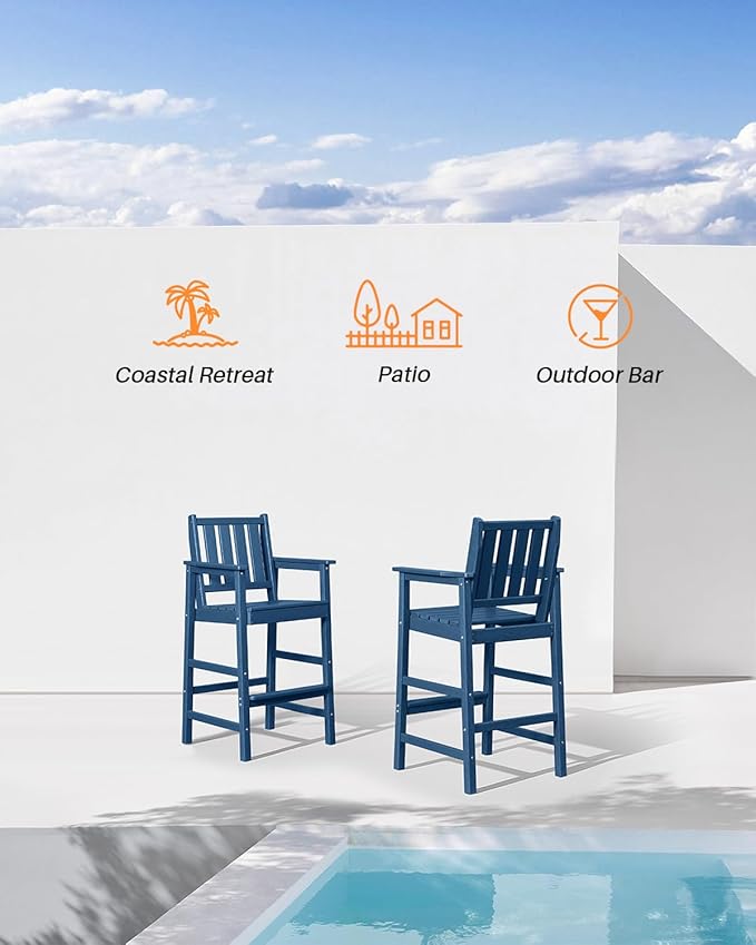 3 Pieces HDPE Outdoor Patio Bar Set, Rectangular Outdoor Bar Height Table and Chairs Set, Adirondack Patio Bar Stools Set, Outdoor Bar Table and Chairs Set for Balcony, Poolside, Porch, Navy-VerdiqueGarden