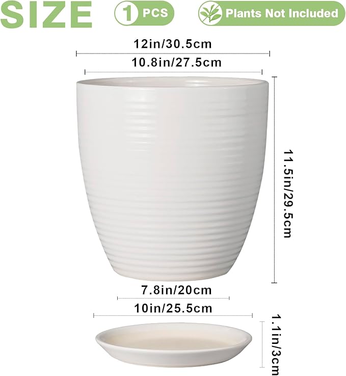 12 Inch Ceramic Planter Pot, Large Planter Pot with Drainage Hole and Saucer Round Flower Pot for Indoor Outdoor Plants, White-VerdiqueGarden