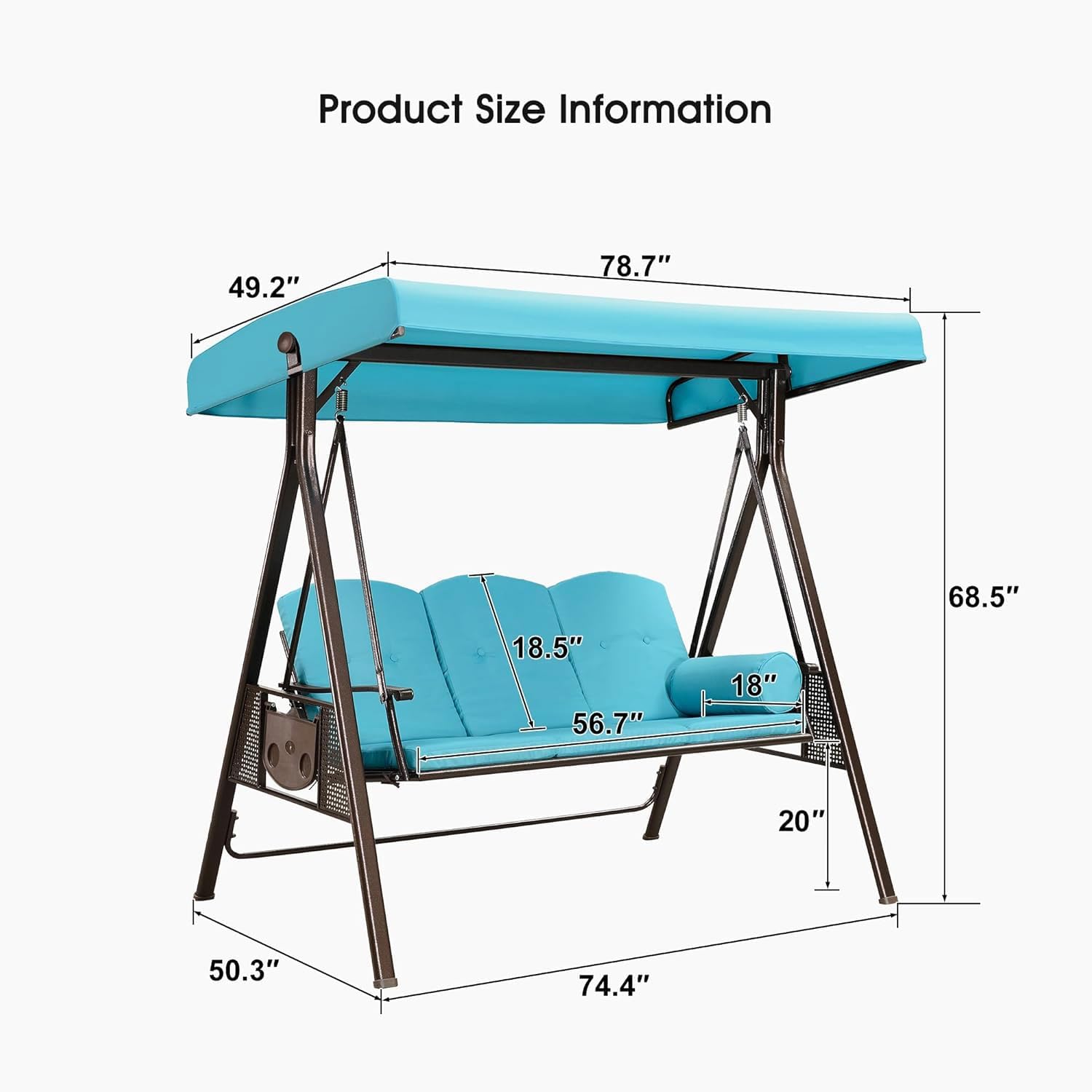 PURPLE LEAF 3-Seat Deluxe Outdoor Patio Porch Swing with Weather Resistant Steel Frame, Adjustable Tilt Canopy, Cushions and Pillow Included, Turquoise Blue-VerdiqueGarden