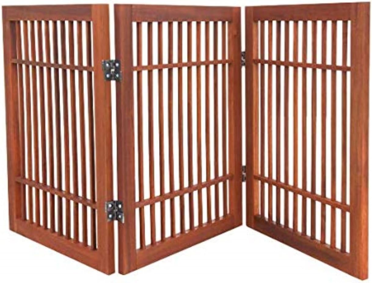 Pet Dog Gate Strong and Durable Freestanding Folding Acacia Hardwood Portable Wooden Fence Indoors or Outdoors by Urnporium (Brown Pet Gate, 3 Panel 24" Tall)-VerdiqueGarden