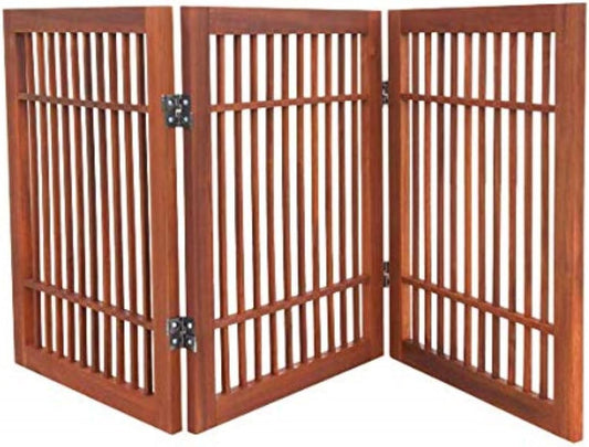 Pet Dog Gate Strong and Durable Freestanding Folding Acacia Hardwood Portable Wooden Fence Indoors or Outdoors by Urnporium (Brown Pet Gate, 3 Panel 24" Tall)-VerdiqueGarden