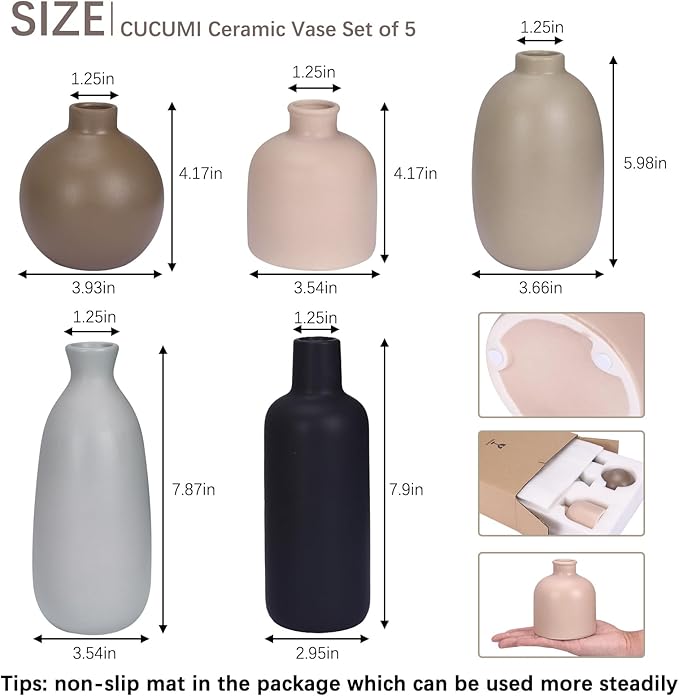 CUCUMI Ceramic Vase Set of 5, Home Decor Farmhouse Décor Handmade Pottery Vases for Pampas Grass, Dried Fresh Flowers, Table, Living Room, Kitchen, Shelf, Entryway Mantel Neutral Tones-VerdiqueGarden