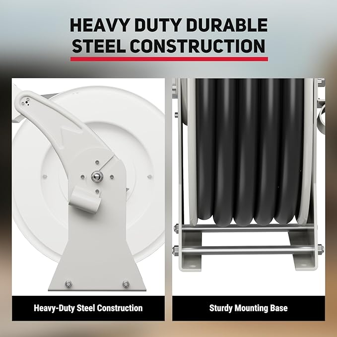 Retractable Fuel Hose Reel, 3/4 in × 66 ft Rubber Hose Heavy Duty Steel Professional Spring Driven Diesel Hose Reel with Fueling Nozzle Max 300PSI Auto Rewind Quick for Ship Vehicle Tank Truck-VerdiqueGarden