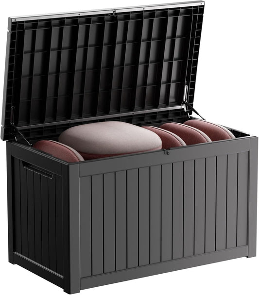230 Gallon Outdoor Storage Box Waterproof, UV Resistant Resin Deck Box with Hydraulic Rod, Reinforced Stability for Patio, Garden,Striped Black-VerdiqueGarden