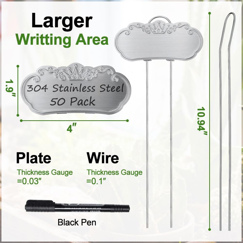 50 Packs Metal Plant Labels, Tall Outdoor Garden Markers for Flowers, Fruits and Vegetables, 304 Stainless Steel Weatherproof Signs (4" x 1.9", Silver)-VerdiqueGarden