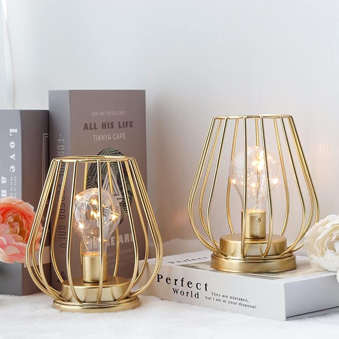 TRIROCKS Set of 2 Metal Battery Operated Lamp 7'' Tall Cage Shape Cordless Table Lamp Battery Lanterns with Warm Fairy Lights Bulb for Patio Garden Wedding Parties Indoor Outdoor(Gold)-VerdiqueGarden