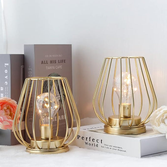 TRIROCKS Set of 2 Metal Battery Operated Lamp 7'' Tall Cage Shape Cordless Table Lamp Battery Lanterns with Warm Fairy Lights Bulb for Patio Garden Wedding Parties Indoor Outdoor(Gold)-VerdiqueGarden