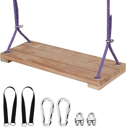 Teak Wood Swing 18.6"x7.6" - Outdoor Wooden Tree Swing Seat for Adults & Kids, Backyard Wood Swings with Height Adjustable Design-VerdiqueGarden