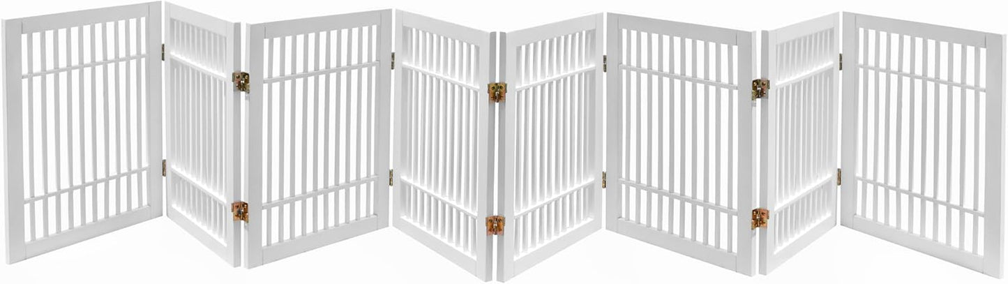 Pet Dog Gate Strong and Durable Freestanding Folding Acacia Hardwood Portable Wooden Fence Indoors or Outdoors by Urnporium (White Pet Gate, 8 Panel 24" Tall)-VerdiqueGarden