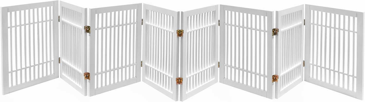 Pet Dog Gate Strong and Durable Freestanding Folding Acacia Hardwood Portable Wooden Fence Indoors or Outdoors by Urnporium (White Pet Gate, 8 Panel 24" Tall)-VerdiqueGarden