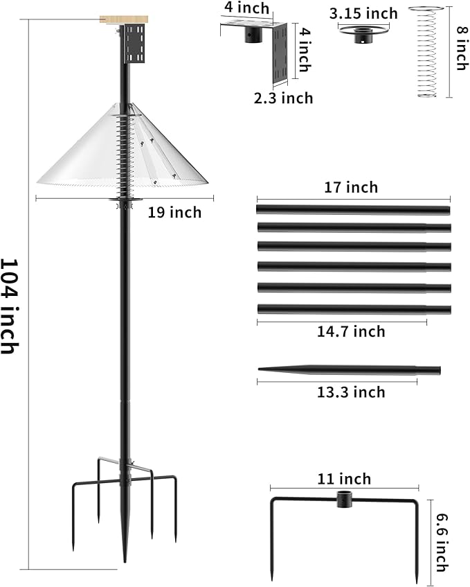Bird Feeder Pole with Squirrel Baffle - 104 Inch Bird House Pole for Outdoors Heavy Duty, Squirrel Proof Baffle with Stainless Steel Spring for Better Defense, Slip-Fit Connection-VerdiqueGarden
