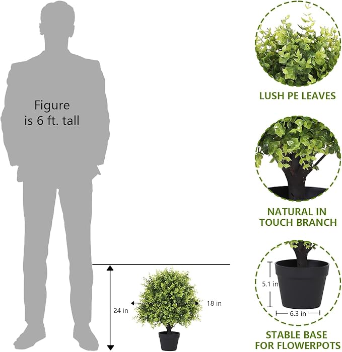 THE BLOOM TIMES 2ft Faux Boxwood Plants Outdoor Set of 2, Topiary Balls Artificial Outside Trees, 24" UV Resistant Fake Greenery Bushes & Shrubs for Front Porch Planter-VerdiqueGarden