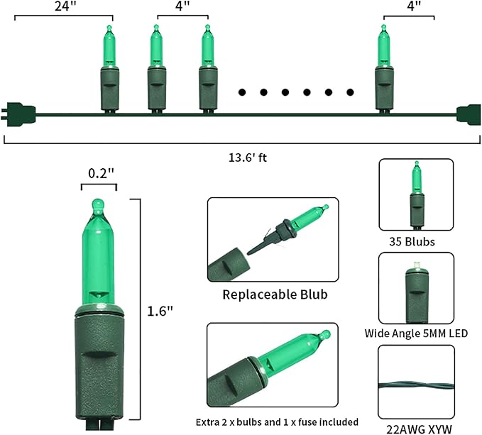 Green LED Christmas Lights - 35 Count Green Christmas String Lights for Small Tree, Crafts, Indoor and Outdoor St. Patrick's Day Decorations, 11 Feet Same Color Wire, UL Certified, Connectable-VerdiqueGarden