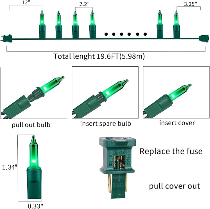 Ultra-Bright Connects End to End Green Christmas Mini Lights 100L 19.6Ft UL Listed Incandescent Bulb String Light Set for Indoor Outdoor Holiday Garden Party Christmas Tree Garland Decor-VerdiqueGarden