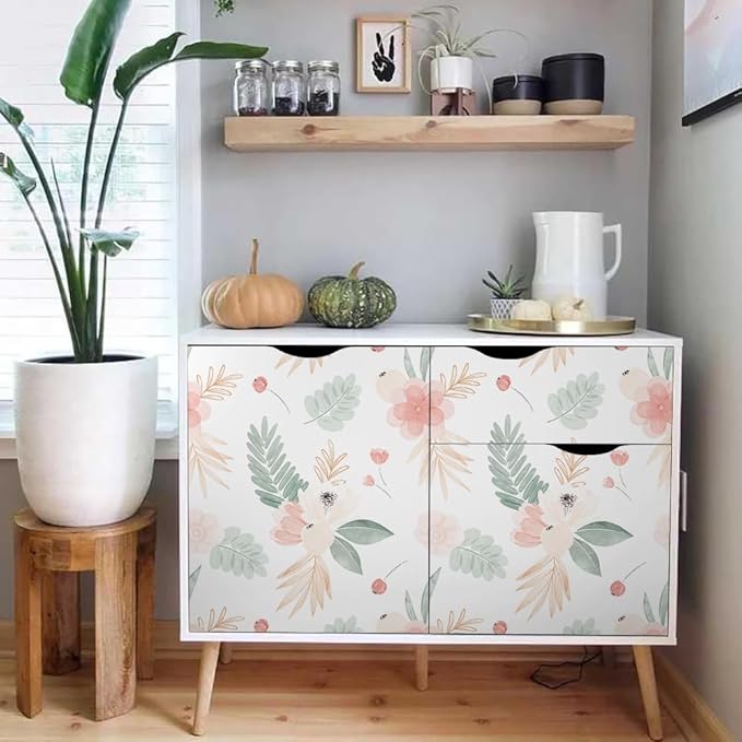 Neutral Green Leaves Pink Poppy Floral Peel and Stick Wallpaper Self Adhesive Removable Easy Peel Off Stick on Wall Paper for Bedroom Cabinet Renter-VerdiqueGarden