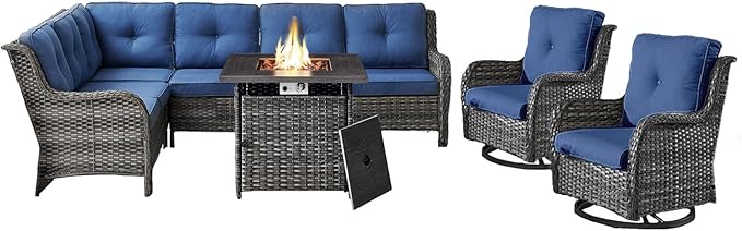 Outdoor Sectional Sofa Furniture Set with Propane Fire Pit Table, Wicker Patio Conversation Set with 2 Swivel Glider Rocker Chairs Blue Cushion Perfect for Backyard Casual Gathering-VerdiqueGarden