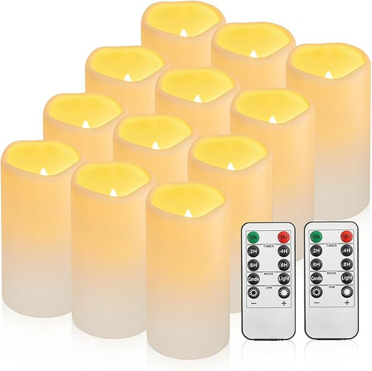 Waterproof Flameless Remote Control Candles 12PACK（D3''*H5.5''） Battery Operated Flickering LED Pillar Candle，plastic with 10-Key 24Hours Timer for Outdoor/Indoor Party Garden Lanterns Porch Ivory-VerdiqueGarden
