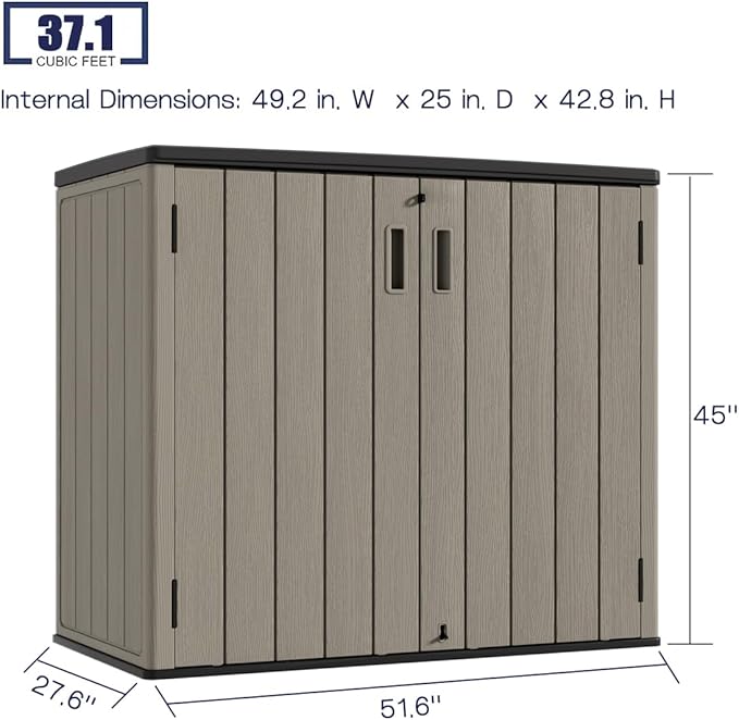 KINYING Outdoor Horizontal Storage Sheds,Outdoor Storage Cabinet Waterproof Resin Tool Storage Box for Lawn Mower,Garden Tools and Patio Furniture, Lockable (Brown)-VerdiqueGarden