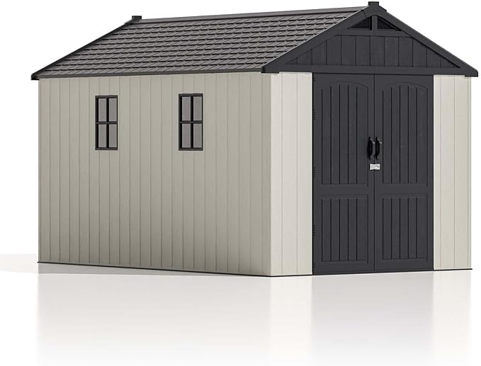 Patiowell 8 x 12 FT Plastic Outdoor Storage Shed with Floor, Resin Shed with Window and Lockable Door for Garden, Backyard, Tool Storage Use, Easy to Install in Beige (Kick-it Shed)-VerdiqueGarden