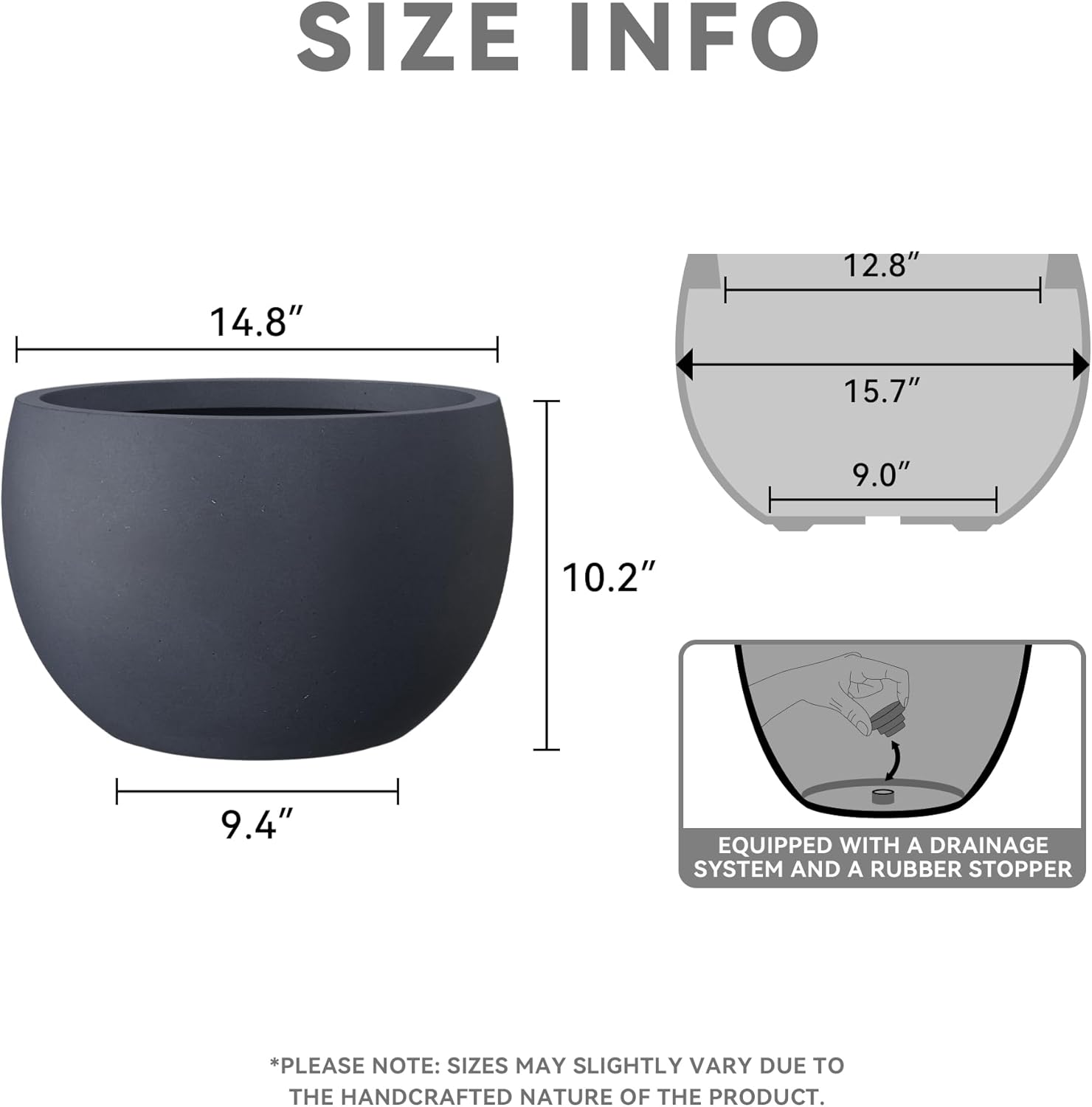 Kante 15.7" Dia Round Concrete Planter, Outdoor/Indoor Large Bowl Plant Pots with Drainage Hole and Rubber Plug for Garden Patio Balcony Home, Charcoal-VerdiqueGarden