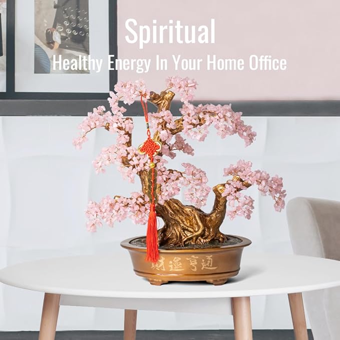 Natural Rose Quartz Gemstone Crystal Bonsai Tree of Life（1,350 Gemstone Count） Large Feng Shui Money Chakra Tree for Luck and Wealth Decoration 20 Inches-VerdiqueGarden
