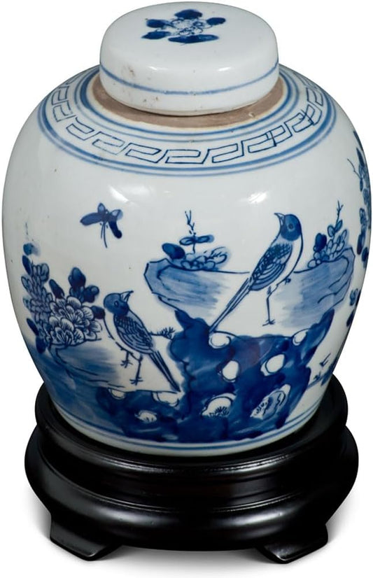 Blue and White Porcelain Bird Flower Motif Chinese Jar-VerdiqueGarden