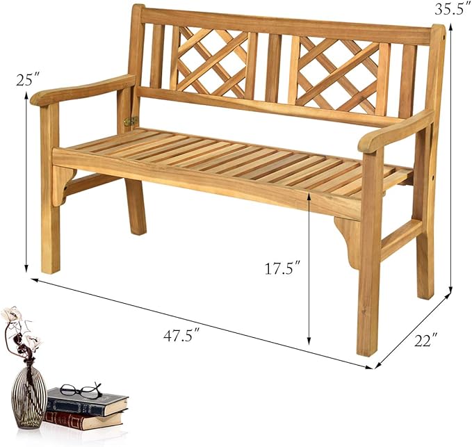 Giantex 4 Ft Foldable Outdoor Bench, Acacia Wood Outside Loveseat with Curved Backrest and Armrest, 705Lbs Weight Capacity, Garden Bench for Patio, Park, Porch, Balcony-VerdiqueGarden