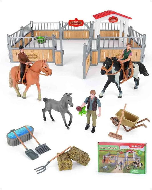 Horse Stable Playset, Horse Gifts for Girls and Boys with 3 Horses and 2 Riders, Horse Toys Set Farm Animals Toys for Kids 3 4 5 6 7 8+ (New Model), Green-VerdiqueGarden