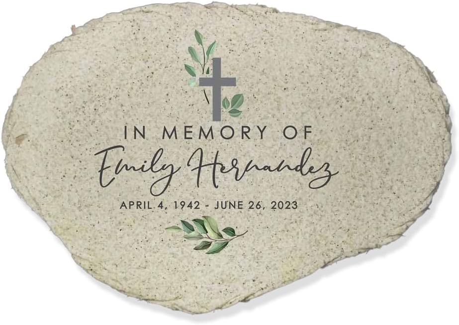 Personalized Memorial Garden Stone, Watercolor in Memory of Flat Garden Stone with Cross, Sympathy Gift, Loss of Loved One-VerdiqueGarden