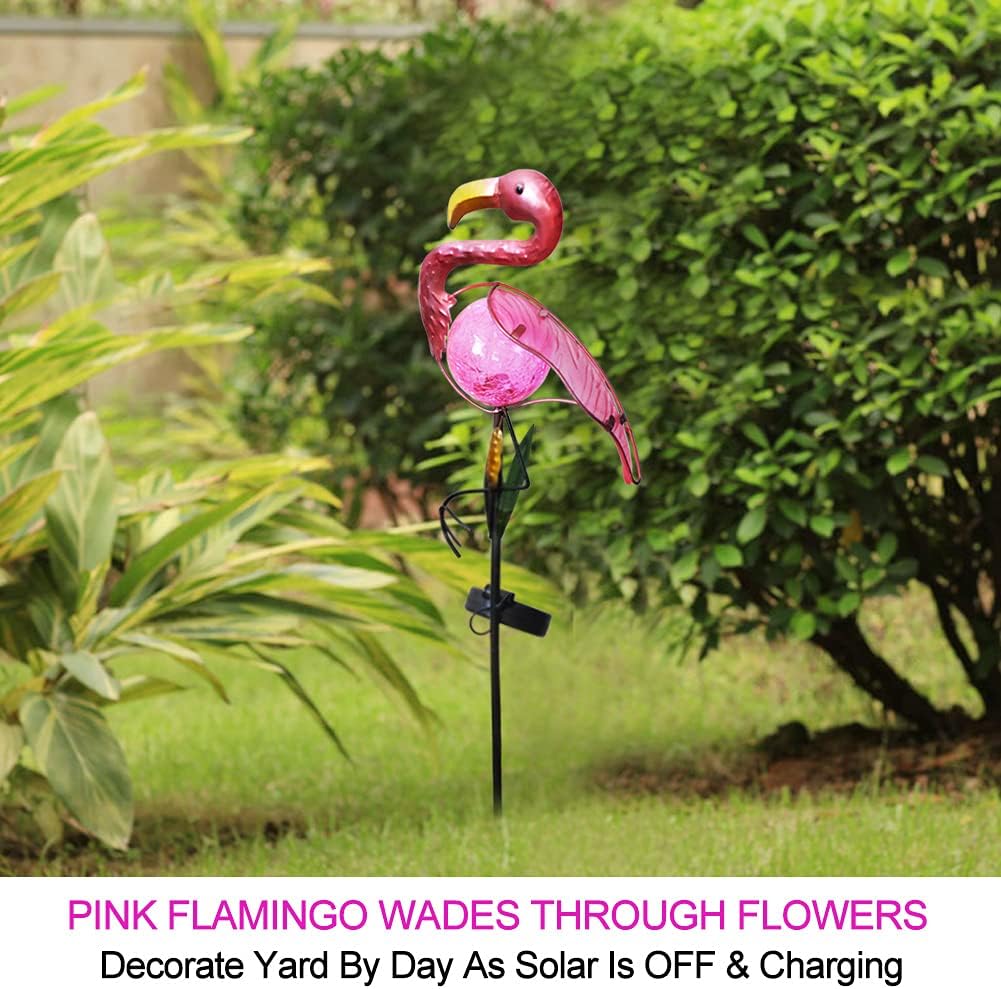 Bright Zeal 14" Big Metal Outdoor Solar Lights Waterproof Flamingo Garden LED Stake Light - Solar Pink Flamingos Yard Ornaments - Stake Lights Yard Decor Metal Yard Art-VerdiqueGarden
