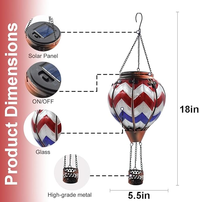 Hot Air Balloon Solar Lantern with Flickering Flame, Glass Hanging Garden Lights Outdoor Waterproof for Tree Yard Patio Mother's Day Gift, 18" H Wavy-Blue Red White-VerdiqueGarden