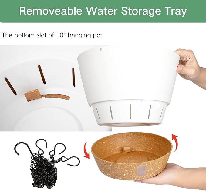 QCQHDU 2 Pack 10 inch Hanging Planters for Indoor Plants, Outdoor Hanging Baskets, Self Watering Pots with Drainage Holes & Removable Tray (White, 10 inch)-VerdiqueGarden