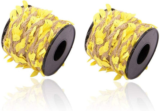 66 Feet Total Burlap Yellow Leaf Ribbon 2 Rolls 5mm Natural Jute Vine with Artificial Leaves Ribbon for Crafts Jungle Party Wedding Garden Home Decoration Twine-VerdiqueGarden