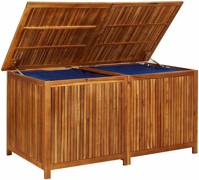 vidaXL Wooden Outdoor Storage Box with Gas-Lift Lid – Patio Deck Chest with Zippered Waterproof Bag for Garden Bench, Pool, Porch, Trunk, Cabinet, Teak Look – Brown, 59.1"x31.5"x29.5"-VerdiqueGarden